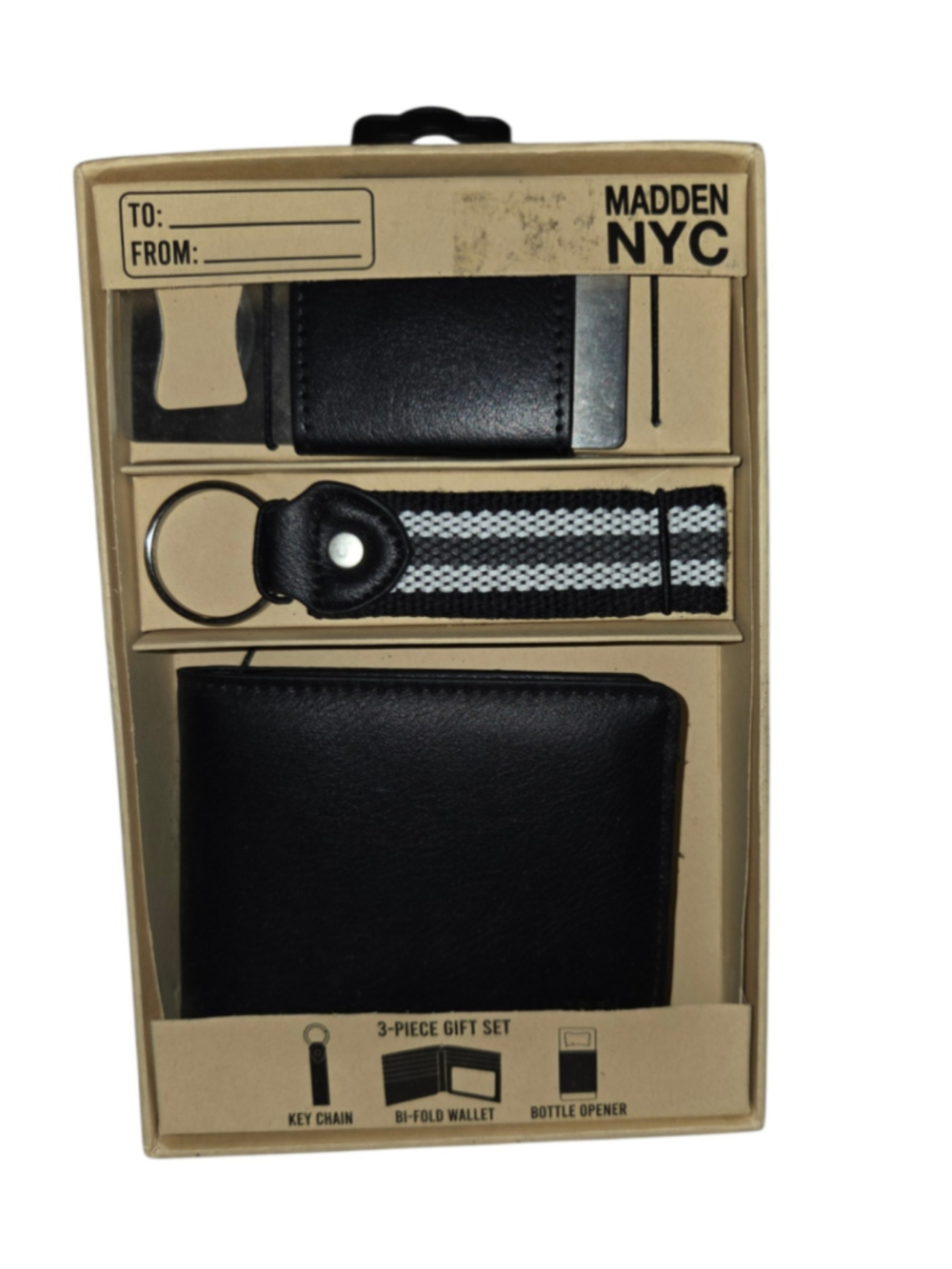 Men's Madden NYC 3-Piece Gift Set Wallet Key Chain Bottle Opener Black NEW